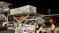 Impfstofflieferung in Kairo Mehrere Männer stehen an einem Flugzeug und laden die Impfstofflieferung ab.