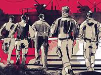 Illustration: Soldaten (von hinten zu sehen) laufen zu ihren Fahrzeugen