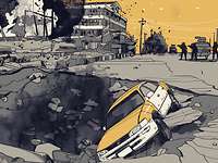Illustration: Ein Taxi liegt in einem Straßen-Krater