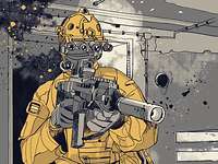 Illustration: Ein Soldat mit Waffe im Anschlag in einem Gebäude