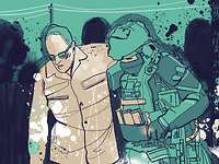 Illustration: Ein Soldat stützt eine männliche Person beim Laufen
