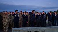 Viele Soldaten stehen in einer Formation und grüßen militärisch.