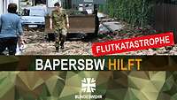 Ein Plakat mit dem Foto einer Straße mit Schutt auf der ein Soldat geht und ein Aufräumbagger fährt