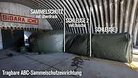 Die olivgrüne, tragbare ABC-Sammelschutzeinrichtung besteht aus zwei Schleusen und dem Sammelschutz mit Überdruck.
