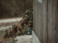 Mehrere Soldaten in Stellung hinter einer Mauer