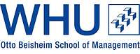 Schriftzug WHU - Otto Beisheim School for Management in blauer Schrift auf weißem Untergrund 