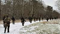 Mehrere Soldaten marschieren in Reihe am verschneiten Wegrand eines Winterwaldes.