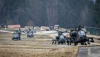 Auf einer weiten Wiese stehen mehrere Hubschrauber.