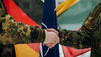 Zwei Soldaten reichen sich die Hände. Im Hintergrund sind die Flaggen Deutschlands, Litauens und der NATO zu sehen.