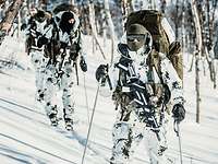 Mehrere Soldaten in Schneeflecktarn mit Ausrüstung laufen auf Skiern zwischen Bäumen durch ein verschneidetes Gelände.