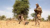 Zwei Soldaten in sandfarbener Uniform entnehmen dem Bodenproben und machen Notizen dazu.