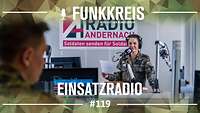 Podcast-Logo "Funkkreis" und Text "Einsatzradio", dahinter eine Soldatin im Tonstudio.