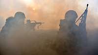 Soldaten bei der einsatzlandunspezifischen Ausbildung (ELUSA) Zwei bewaffnete Soldaten gehen in Deckung in einer Nebelwand.