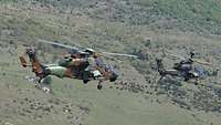Zwei Kampfhubschrauber Tiger fliegen hintereinander in Richtung Schießbahn.