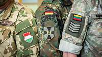 Ungarische, deutsche und litauische Soldaten zeigen ihre Landesflaggen auf der Uniform.