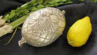 Ein Etrog neben einer Etrog-Hülle, im Hintergrund Arba'at haMinim.