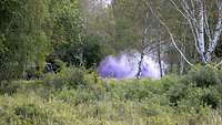 In einem kleinen Waldstück steht links ein Militärfahrzeug. In der Mitte ist eine große violette Rauchwolke zu erkennen.
