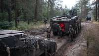 Mehrere Soldaten steigen auf einem Waldweg aus einer hinteren Luke eines Panzers aus