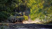 Ein Schützenpanzer im Streiflicht der Morgensonne in der Zufahrt