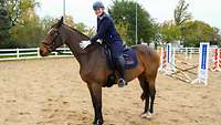 Ein Reiter mit dunkelblauer Uniform und Weißen Handschuhen streichelt ein braunes Pferd.