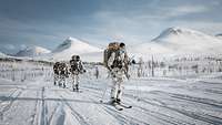Soldaten laufen hintereinander auf Skiern durch eine verschneites Gelände mit Bergen im Hintergrund.
