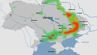 Eine Karte mit roten, grünen und gelben Markierungen zeigt den Kampfmitteinsatz in der Ukraine.