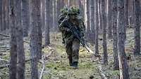 Soldaten laufen mit der Waffe in der Hand hintereinander durch einen Wald.
