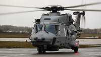 Ein Hubschrauber vom Typ 18 NH-90 NTH Sea Lion auf einer Landebahn