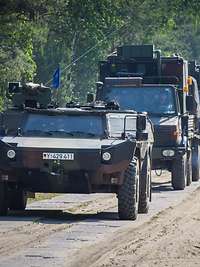 Mehrere Militärfahrzeuge fahren in einem Konvoi auf einem halbbefestigten Waldweg.
