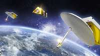 Satellit Das Bild zeigt das Aufklärungssystem der Bundeswehr SARah bestehend aus einem Radar- und zwei Reflektorsatelliten