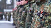 Soldaten stehen in einer Reihe, an der Brust ist ein Orden angeheftet. 