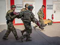 Drei Soldaten Ungarns und der USA tragen einen Verwundeten. 