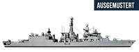 Fregatte F213 freigestellt in Seitenansicht und der Schriftzug „Ausgemustert“