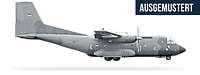 Ein Flugzeug vom Typ Transall C-160D freigestellt in Seitenansicht und der Schriftzug „Ausgemustert“