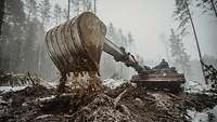 Ein Pionierpanzer Dachs bei Baggerarbeiten in einem verschneiten Wald