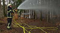 Mehrere Feuerwehrleute spritzen Wasser in ein verrauchtes Waldstück