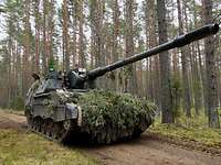 Unmittelbare Feuerunterstützung Eine Panzerhaubitze mit getarnter Motorabdeckung steht auf einem Waldweg.