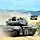 Ein deutscher Panzer fährt durch karges staubiges Gelände, Sand wirbelt auf.