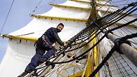 Eine Person klettert die Takelage des Segelschiffes „Gorch Fock" hoch