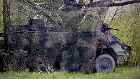 Ein Transportpanzer vom Typ Fuchs steht hinter einen am Baum gespannten Tarnnetz in einem Wald