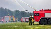 Auf einer grünen Wiese stehen mehrere Feuerwehren und löschen einen Waldbrand