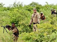 Zehn Jahre lang bildeten deutsche Kräfte Teile der malischen Armee aus Malische Soldaten und ein Hauptfeldwebel der Bundeswehr beim Training mit Gewehren in dichtem grünem Gelände.