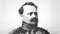 Schwarzweiß-Portraitzeichnung eines Mannes in Uniform mit Stehkragen.