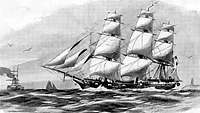 Schwarzweiß-Illustration eines dreimastigen Segelschiffs.