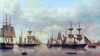Illustration von mehreren Segelschiffen nebeneinander.