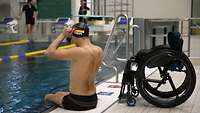 Ein gehbehinderter Mann sitzt am Rand eines Schwimmbeckens, neben ihm ein Rollstuhl.