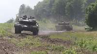 Zwei Leopard Panzer fahren über eine Wiese. Die Kanonenrohre sind auf die Flanken gerichtet.