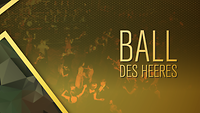 Ball des Heeres Eine Grafik verbindet grüne Polygone, gelbgoldene Farben, Schrift und ein Foto mit Tanzenden.