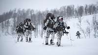 Soldaten in weißer Tarnuniform mit Waffen und Skiausrüstung gehen durch eine verschneite Landschaft