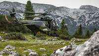 Ein NH-90 schwebt über eine Wiese zwischen den Alpen, dabei schaut ein Soldat aus der Seitentür.